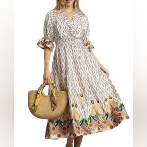 Umgee Printed Smocked Waist Flounce Sleeve Midi Dress Neutral Tones